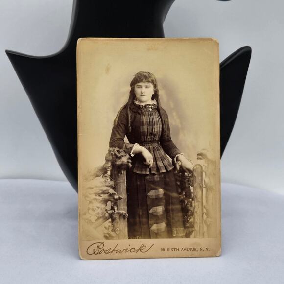 c1880 Photo Young Lady in Fabulous Plaid High Collar Dress Bostwick Cabinet Card - Picture 1 of 6